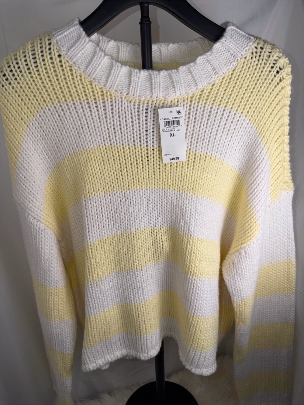 Oversized Yellow & White Stripe Knit Sweater XL - Picture 8 of 10
